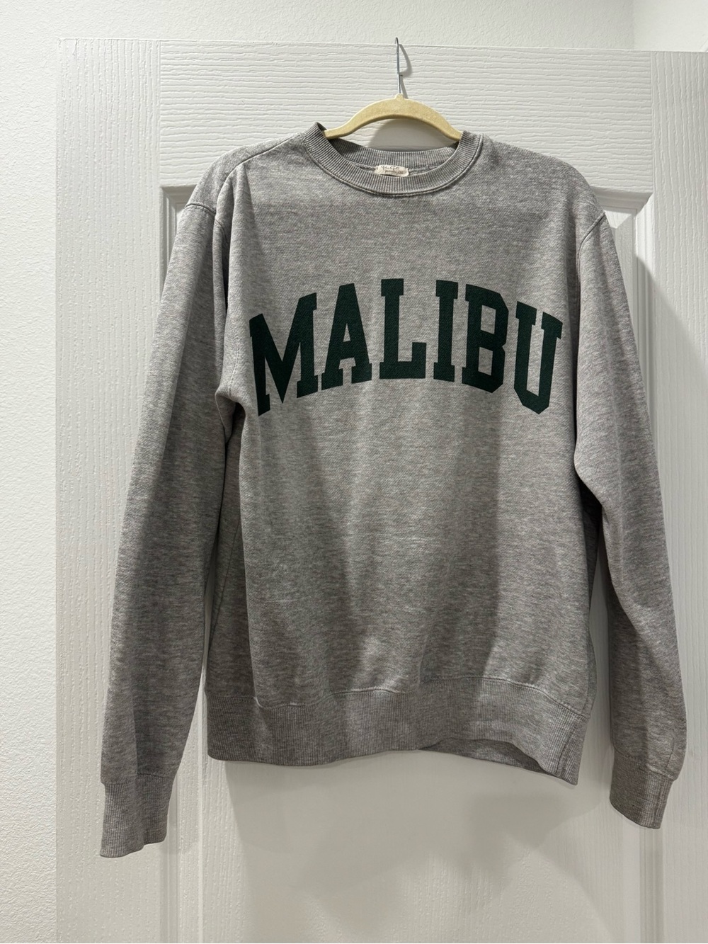 Brandy Melville Grey Crewneck with Dark Green Malibu Lettering